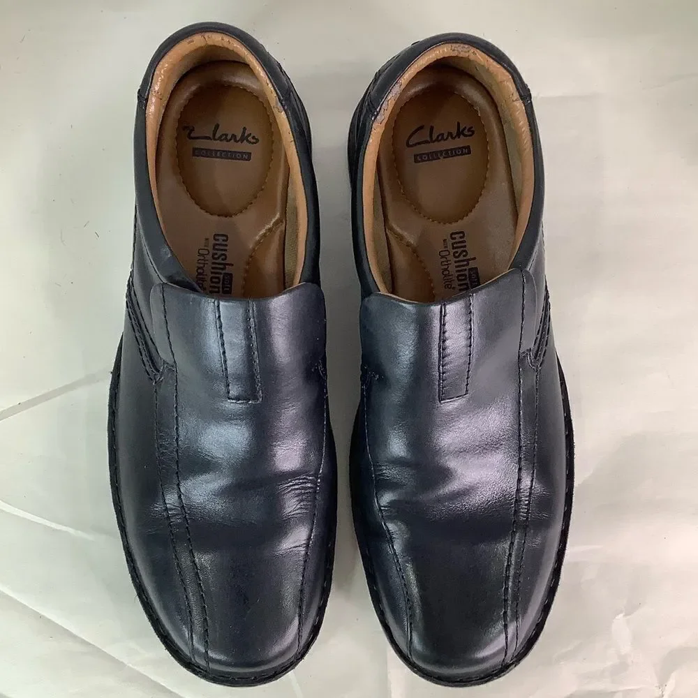 CLARKS COLLECTION Cushion Ortholite Black Leather Oxford Slip On Shoes Sz 11